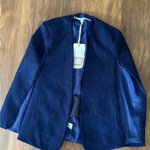 Chelsea & Violet Navy Floral-Jacquard Open Blazer